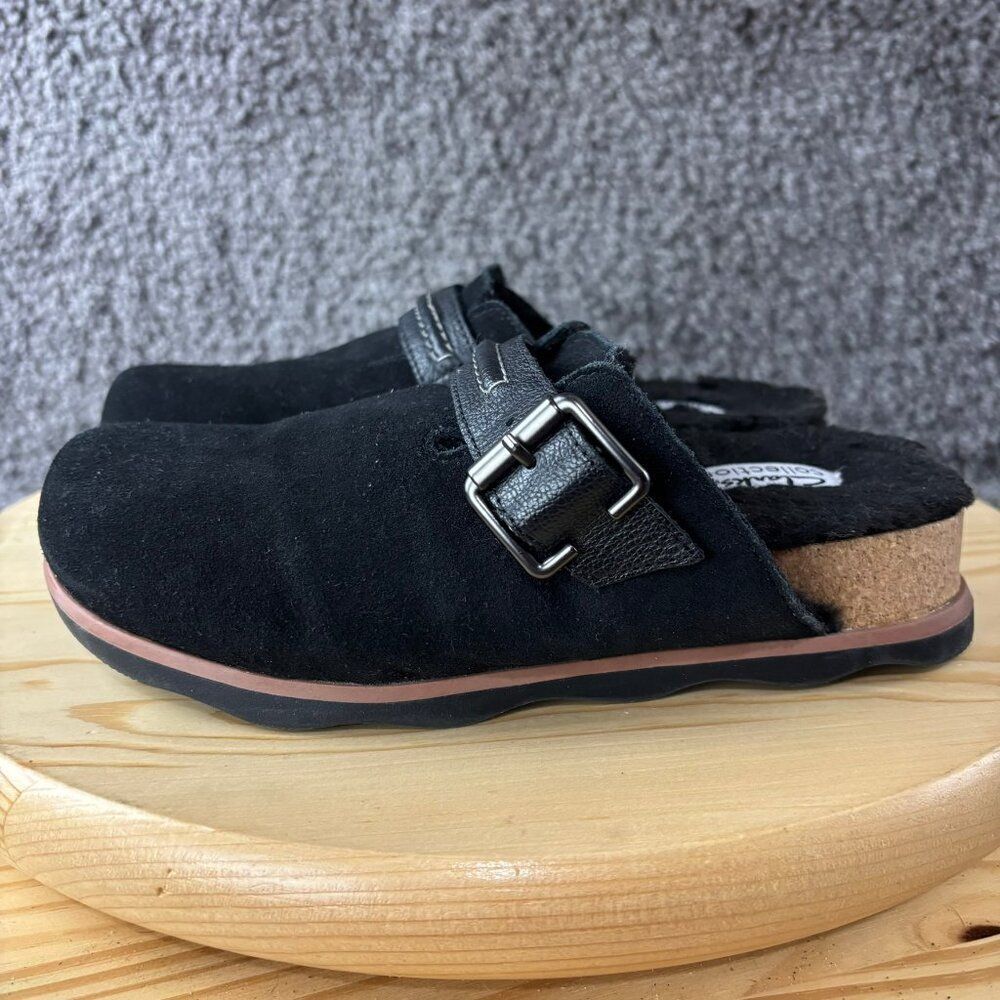 Clarks Brynn Slide Mule Womens 6.5 Black Suede Sherpa Lined Clog Comfort Shoes